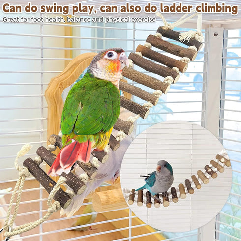 PINVNBY Bird Parakeet Toys, Bird Rope Ladder Swing Hammock Toys, Natural Wood and Rope, Parakeet Cage Accessories for