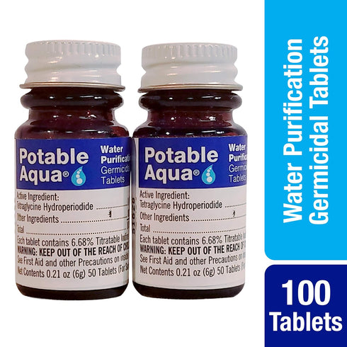 Potable Aqua Water Purification Tablets, Effective Portable Solution for Camping, Hiking, Emergencies, Two 50ct Bottles