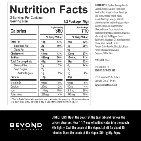 Beyond Outdoor Meals Backpacking Chicken Sausage Gumbo | Freeze Dried Camping & Food | High Protein Meals | Just Add