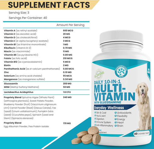 Wanderfound Pets 10-in-1 Dog Multivitamin, Chewable Vitamins with Glucosamine, D3, and MSM for Dog Health, 60 Tablets