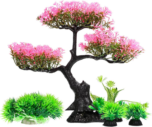 Didiseaon Aquarium Artificial Plants Decor, Pink Cherry Blossom Tree Grass Set for Fish Tank Accessories and Decorations