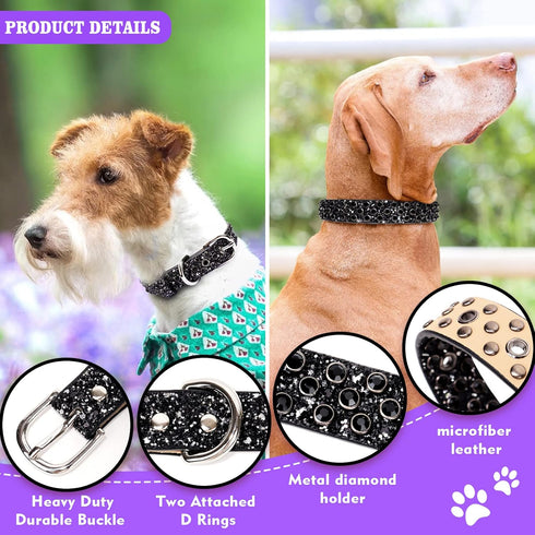 Rhinestone Leather Dog Collar Bling Dog Collars for Small Medium Large Dogs - Soft Microfiber Leather with Adjustable Stylish Sparkly Diamonds Studded Male and Female (1" Wide,Black,L)