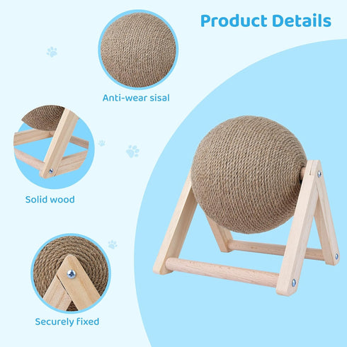 BATTIPAW Cat Scratcher, Rabbit Scratching Ball, Natural Sisal Scratcher, Spinning Cat Ball, Solid Wood Scratching Toy
