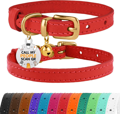 BRONZEDOG Leather Cat Collar with Removable Bells, Non-Breakaway Kitten QR Tag for Girl Boy, Red & Gold (9" - 12")