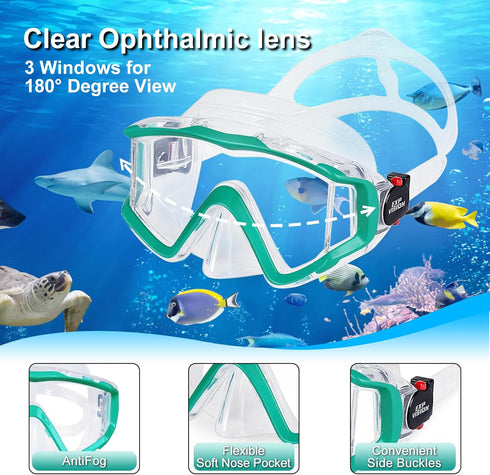 Set 3 Swimming Snorkel Pano Window Adult Snorkeling Gear, Professional Snorkel Goggles Anti-Fog Diving Mask, Anti-Leak