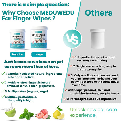 120 Counts, MEDUWEDU Ear Cleaner Finger Wipes Dog Ear Cleaner, Grooming Kit Care for Dogs and Cats, Soft & Easy Otic