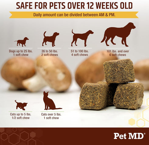 Pet MD Mushroom Immune Support - Turkey Tail Mushroom for Dogs & Cats with Milk Thistle and CoQ10 - 120 Chews