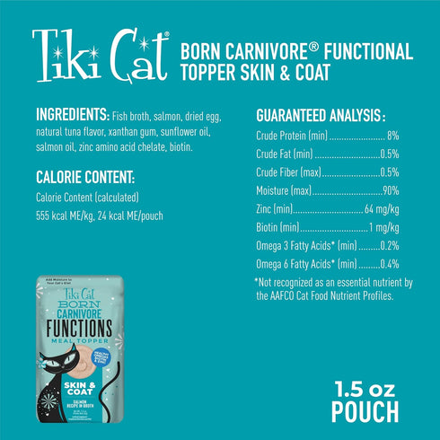 Tiki Cat Born Carnivore Skin & Coat, Salmon Recipe in Broth, Omega-3 and Biotin, Mousse Cat Food Topper, 1.5 oz. Pouch
