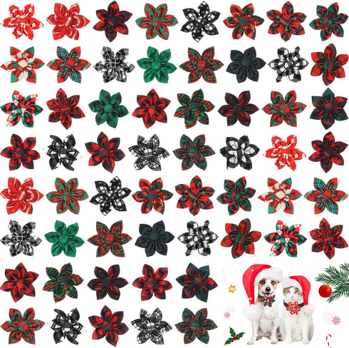 60 Pcs Plaid Dog Collar Flowers, Bulk Pet Flower Collar Bow Ties for Small Medium Large Dogs and Cats
