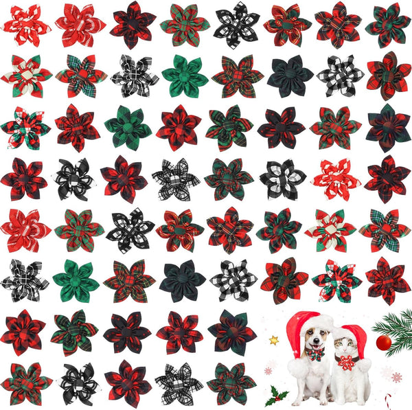 60 Pcs Plaid Dog Collar Flowers, Bulk Pet Flower Collar Bow Ties for Small Medium Large Dogs and Cats