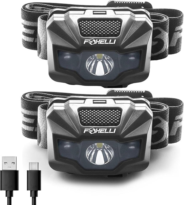 Foxelli USB-C Rechargeable LED Headlamp, Ultra-Light 2.4 oz, 180 Lumens, 5 Modes, IPX5 Waterproof
