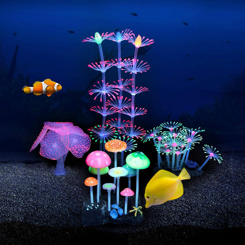 Lpraer 4 Pack Glow Aquarium Decorations, Coral Reef Glowing Mushroom Anemone Simulation Glow Plant for Fish Tank