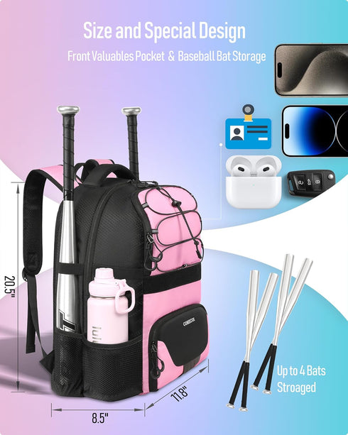 Softball Bag - Lightweight Baseball Backpack with Shoes Compartment, Fence Hook for TBall Bat & Equipment