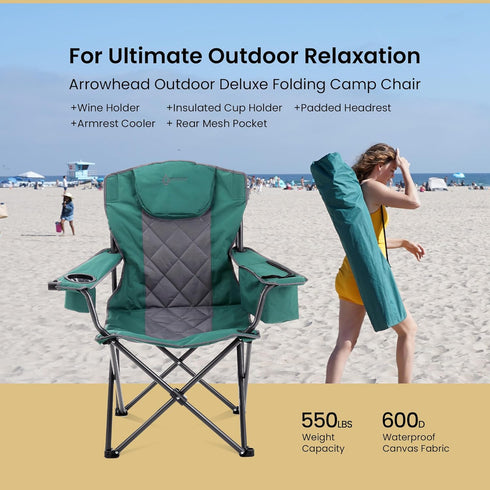 6-can 550 lbs ARROWHEAD OUTDOOR Portable Deluxe Folding Camp Quad Chair w/Headrest, Glass & Cup Holders, Armest Cooler