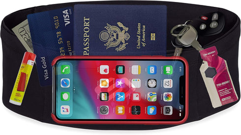 Sporteer VersaSlim Running Belt, Black, Large, Travel Money and Passport Waist Pack for Smartphones