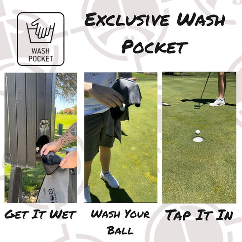 Multi-Function Magnetic Golf Towel, 16" x 24", Light Grey with Wash Pocket and Ball Scrubber