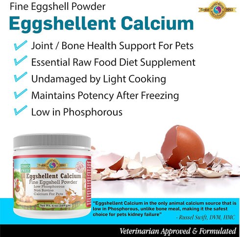 Eggshellent Calcium for Pets - 6 oz Fine Eggshell Powder Supplement for Dogs and Cats, Nourishes Muscles, Joints, and