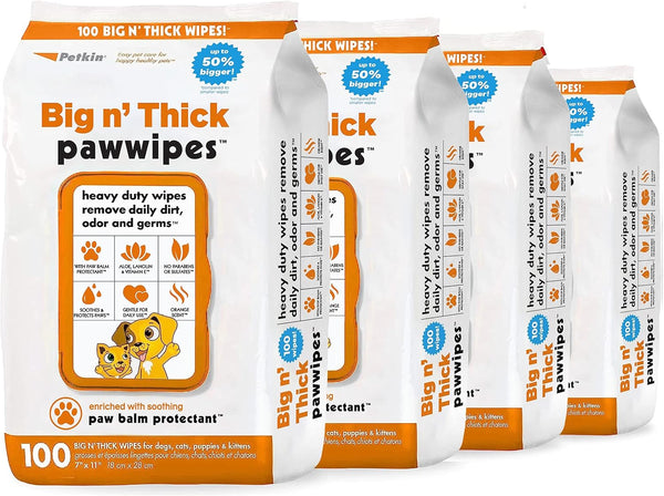 Petkin Big N' Thick Paw Wipes for Dogs, 100 Large Wipes (4 Pack) - Clean Dirty Paws After Walks with Paw Balm Protectant