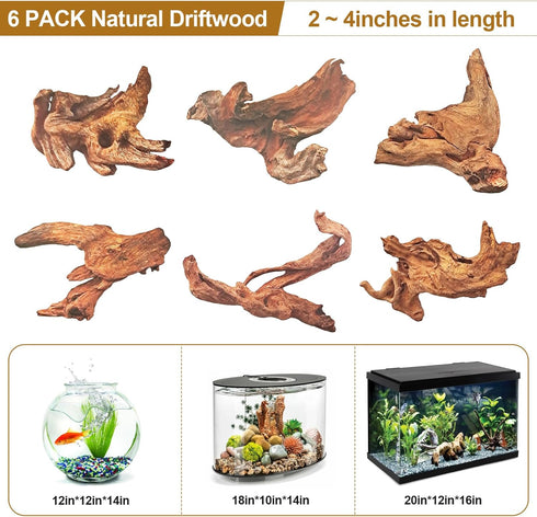 FUNOJOY Assorted Natural Driftwood Decor for Aquarium and Reptile Tank Accessories, 2-10" Wood Branches (Pack of 6)