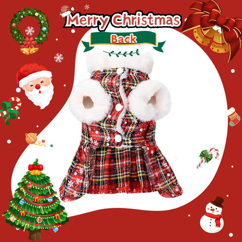 Dog Christmas Sweater, Medium Size, Red Plaid Winter Dress with Leash Set for Puppy