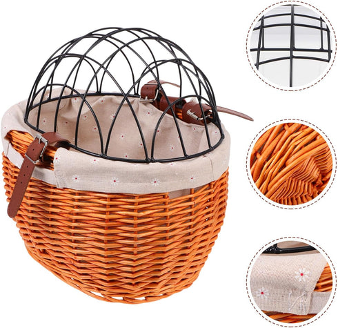 32X27X21Cm GANAZONO Rattan Woven Bike Basket Front Carrier with Pet Cage Liner, Natural Tone, Sturdy Bike Storage