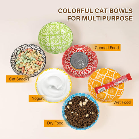 Ceramic Cat Food Bowl Set, Wide Shallow Bowls for Relief Whisker Fatigue, Colorful Flat Cat Dish, Microwave Safe