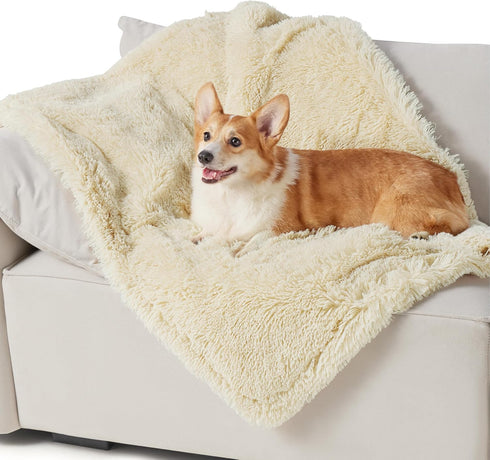 Bedsure Waterproof Dog Blankets for Medium Dogs, Calming Cat Blanket, Washable Faux Fur Throw Blanket (30"x40", Cream)