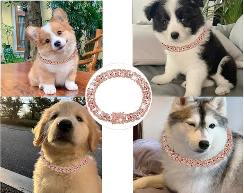 Cuban Link Dog Collar, Rose Gold Crystal Dog Necklace with Secure Buckle, Metal Chain Collar Jewelry Accessories for