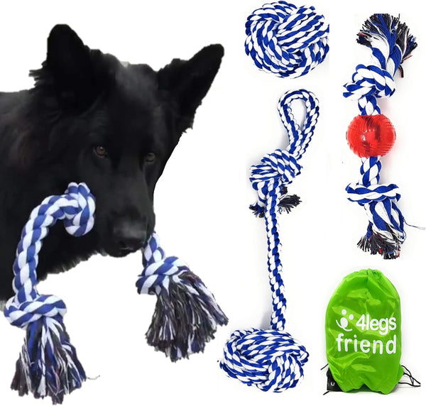 Rope Toys for Large Dogs & Puppies 4-Pack, Natural Cotton Rubber Tug-of-War Toy Set, Tough Dog Toys for Aggressive
