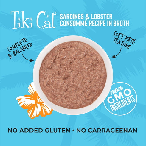 Tiki Cat Grill Pâté, Sardines & Lobster Consommé, High-Protein and 100% Non-GMO Ingredients, Wet Finely Minced Cat Food for All Life Stages, 2.8 oz. Cans (Pack of 12)