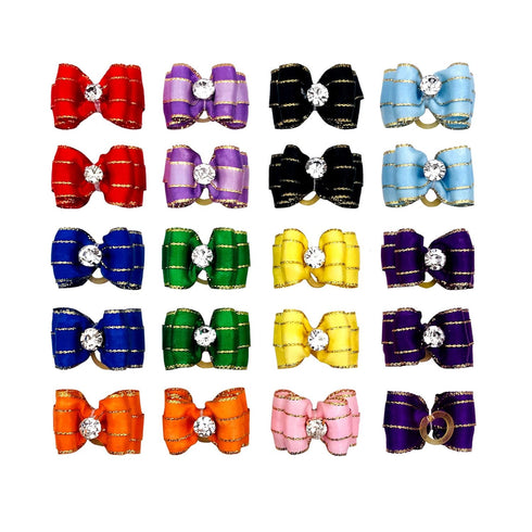 20Pcs/10pairs Small Dog Hair Bows with Rubber Bands, Rhinestone Puppy Hair Bows for Small Medium Pets (Purple Pink Blue)