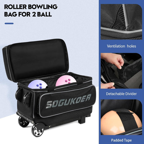 SOGUKOER 2 39.5" Bowling ball Bag with Wheels, Lightweight Trolley Double Ball Bowling bag with Large Separate Shoe
