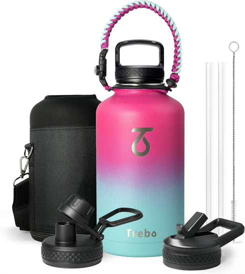 Water Bottle 64oz with Paracord Handle, Trebo Half Gallon Double Wall Vacuum Stainless Steel Insulated Jug