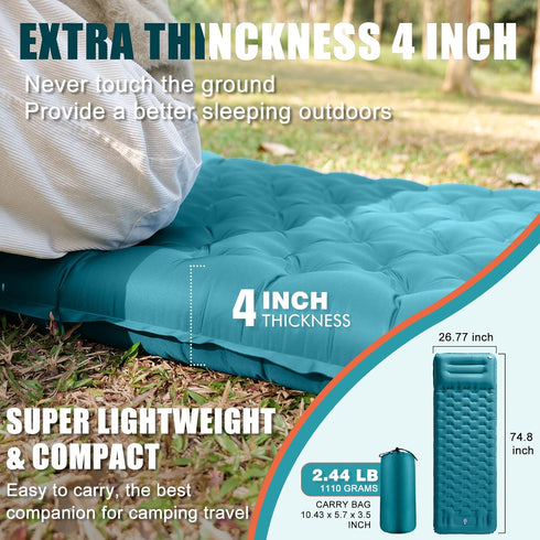 Inflatable Camping Sleeping Pad with Pillow, 4 Inch Thickness Sleeping Mat with Built-in Pump