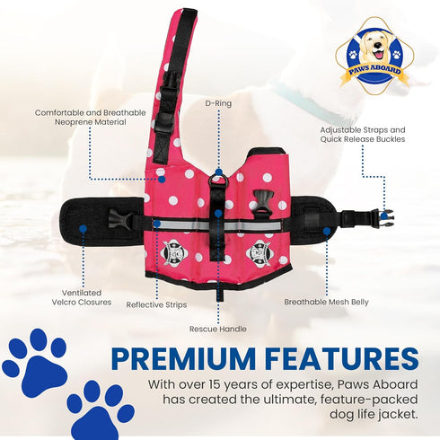 Paws Aboard Dog Life Jacket - Adjustable, Reflective, Comfortable Swim Vest for Dogs, XX-Small to Extra Large (Pink