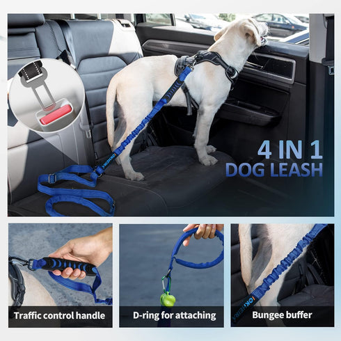 IOKHEIRA Adjustable Dog Leash for Large Dogs, 4-6 FT Strong Bungee Leash with Car Seatbelt, Blue