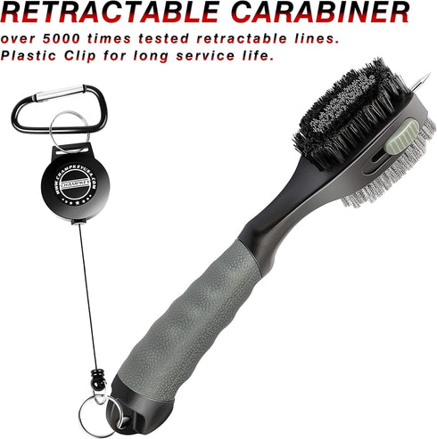 Brush(Grey(1 CHAMPKEY PRO Retractable Golf Club Brush - Oversized Brush Head with Soft Rubber Hand Grip & Retractable