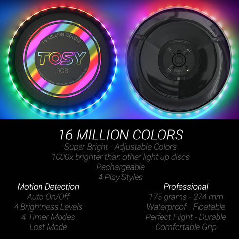 TOSY Flying Disc - 16 Million Color RGB Frisbee, 36 or 360 LEDs, Rechargeable, Smart Modes, Fun Gift for