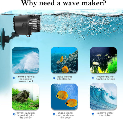 AQQA Aquarium Wave Maker, 3W/5W/10W/15W Suction Cup Powerhead Pump, Ultra Quiet Submersible Circulation Pump