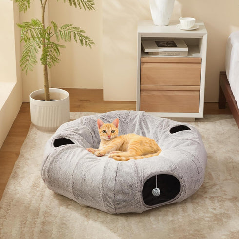 Cat Tunnel Bed for Indoor Cats - Cute Cat Donut Tunnel with Washable Circle Cushion, Round Pet Play Tunnel Toy
