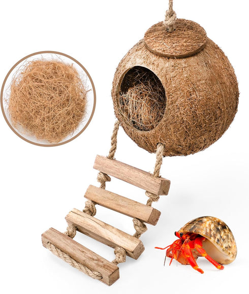 U0U Hermit Crab Coconut Husk Hut with Branch Ladder,Coconut House Hermit Crab