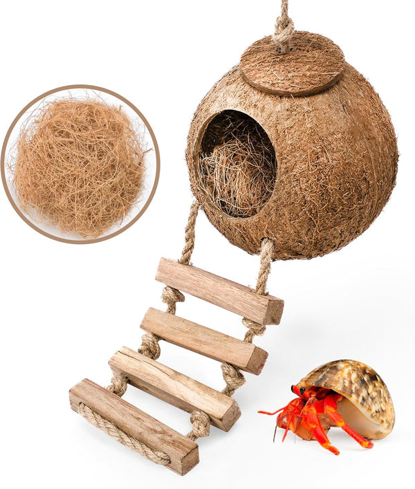 U0U Hermit Crab Coconut Husk Hut with Branch Ladder,Coconut House Hermit Crab