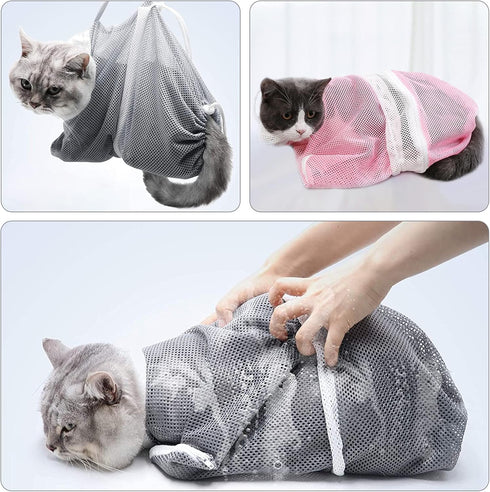 2Pcs Cat Bathing Bag Cat Shower Bag Cat Washing Bag Cat Bathing Restraint Cat Grooming Bag Cat Restraint Bag Adjustable Cat Bag for Bathing (Gray & Pink)