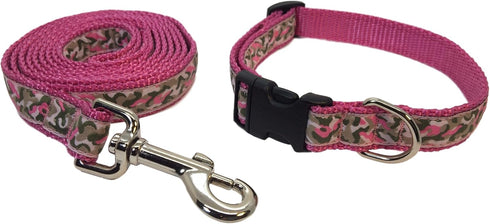 Camouflage Dog Collar and Leash Set - Pink Camo on Pink Webbing (Small)