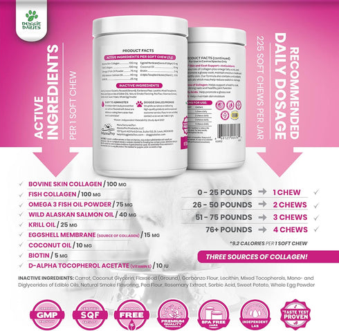 Doggie Dailies Skin & Coat Supplement - 225 Soft Chews with Salmon Oil, Collagen, Omega 3, Krill Oil, Biotin, & Coconut