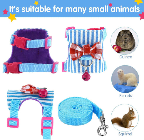 2 Pieces Hamster Harness and Leash Set - Small Guinea Pig Clothes with Bowknot Bell, No Pulling Comfort Padded Vest
