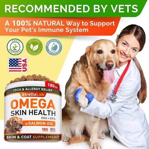 StrellaLab Omega 3 for Dogs - Fish Oil Treats (180Ct) for Allergy & Itch Relief, Skin & Coat Supplement, Chicken Flavor