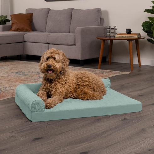 Furhaven Orthopedic Dog Bed for Large/Medium Dogs - Pinsonic Quilted Paw L Shaped Chaise, Removable Bolsters, Washable