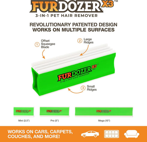 FurDozer X3 PRO Pet Hair Remover & Auto Detailing Tool - Cat & Dog Hair Remover for Carpets, Car Interiors, Couches, Bedding, & Pet Furniture - Reusable Pet Hair Removal Tool for Dog Fur & Lint, 5" by Neater Pet Brands
