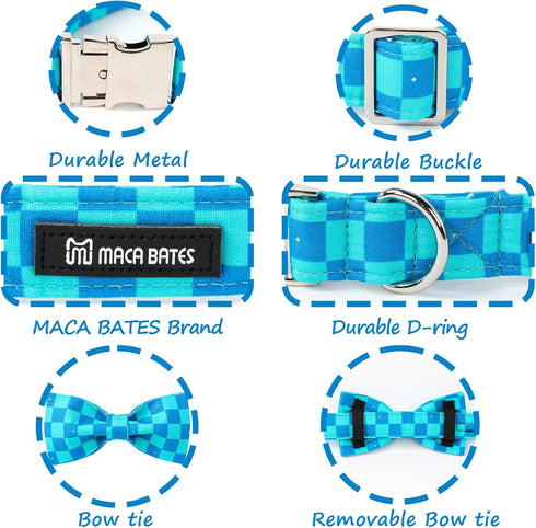Maca Bates Plaid Blue Dog Collar with Checkered Bowtie, Adjustable Breakaway Collars for Small Medium Large XL Dogs